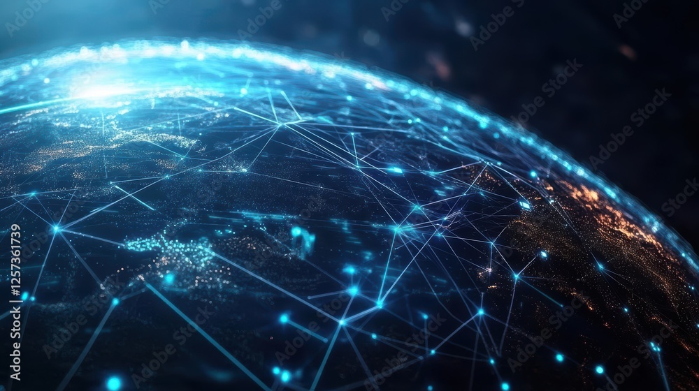 Poster Globe with a network of interconnected lines representing global communication and connectivity