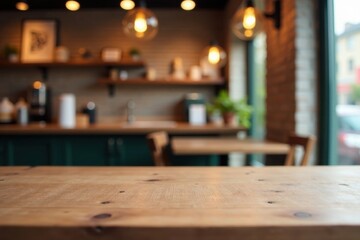 Empty wooden table in a cozy cafe with a blurred background of shelves, green cabinets, and warm lighting