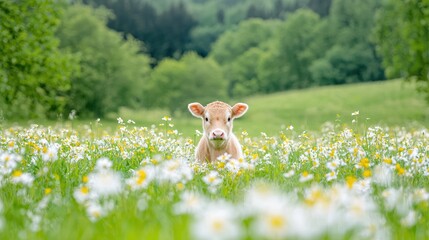 Calf in daisy field, spring pasture, idyllic rural scene, farm animal