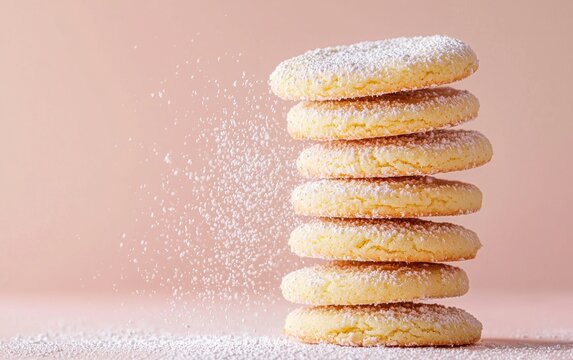 A stack of butter cookies breaking apart in the air with powdered sugar dusting, pastel cream background