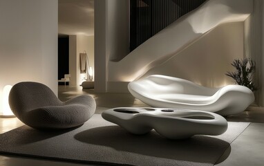 Ultra-modern minimalist interior, boucle sofa, bold designer lounge chairs, floating coffee table, monochrome aesthetic, indirect warm lighting, futuristic elegance