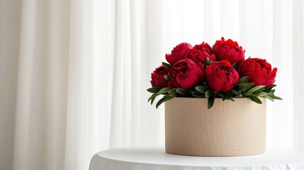 Red peonies in box on table, bright background, romantic gift
