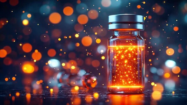 Glass vial with glowing potion and a bokeh light background creates an immersive experience, vaccination programs, immunization program, hep b immunization focus