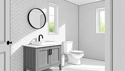 Modern Bathroom Design Herringbone Tile Gray Vanity and White Toilet