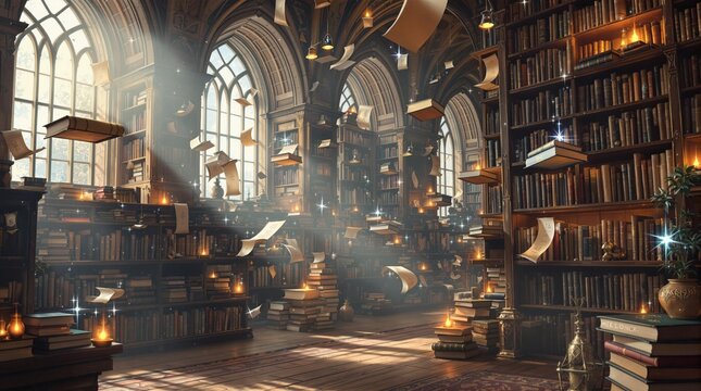 Magical library with floating books and sunlit gothic architecture