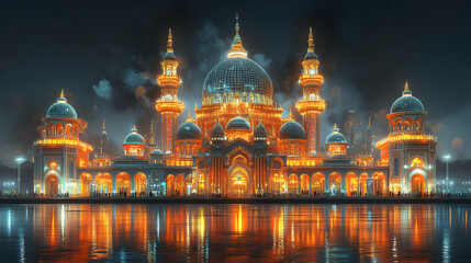 Obraz premium Illustration - Grand Illuminated Palace by the Water at Night