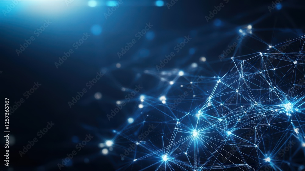 Poster Dark blue background with a network of connected lines representing technology and communication concepts