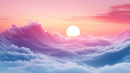 Dreamy landscape featuring a bright sun rising above pastel clouds