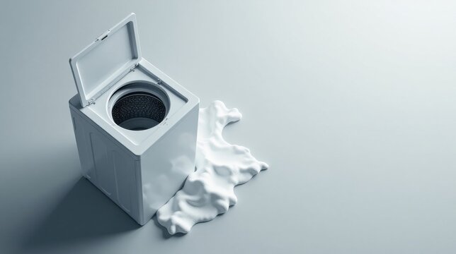 An open top-loading washing machine sits on a light gray surface with a spill of white substance resembling overflowing laundry