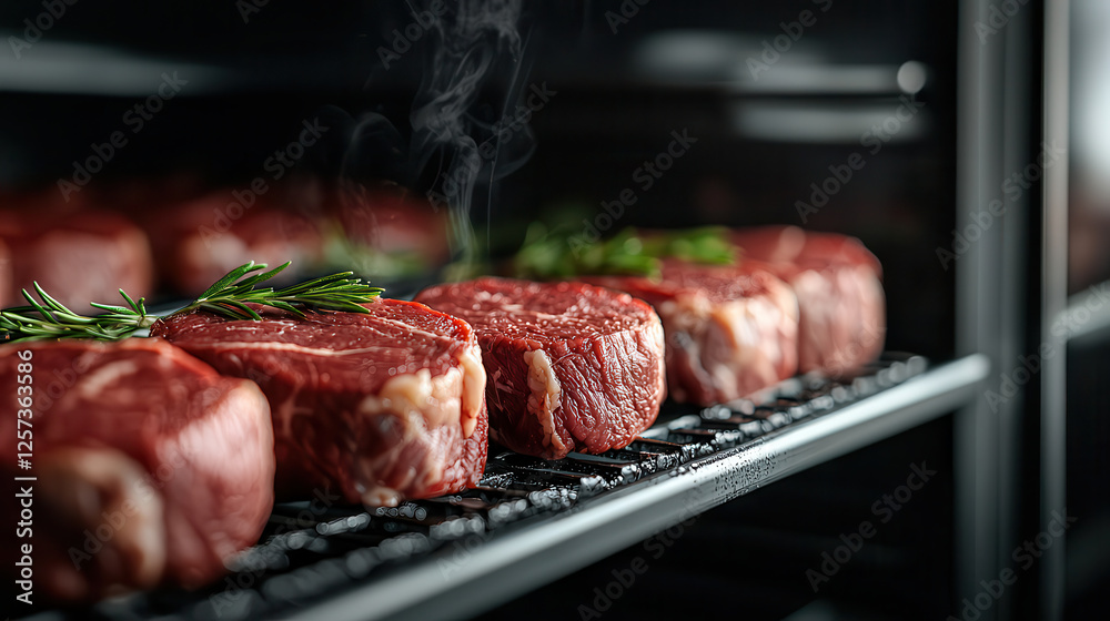 Poster Fresh marbled beef pieces stored on racks, emitting steam, garnished with herbs. rich color and texture highlight quality of meat, creating appetizing display