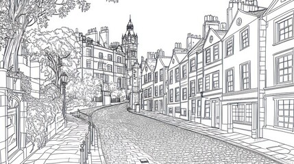 Cobblestone street, historic buildings, uphill curve, leafy background; coloring page