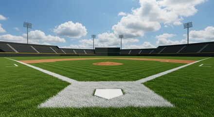 Sunny day at an empty baseball field with green grass and blue sky