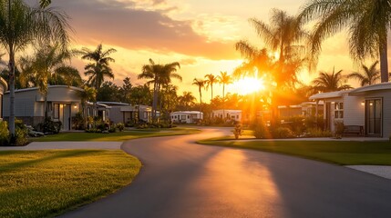 Naklejka premium Sunset Serenity: Luxurious Tropical Villas at Golden Hour