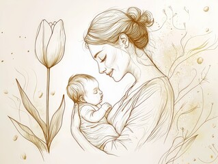 This artistic sketch beautifully captures the tender connection between a mother and her baby, surrounded by gentle floral elements, symbolizing love, nurture, and serenity.