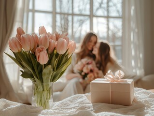 This enchanting image displays vibrant pink tulips in a vase and a gift box, capturing a joyful family moment, emphasizing love and togetherness in a cozy atmosphere.