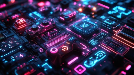 Obraz premium A vibrant futuristic design with glowing tech symbols, gaming controllers, and digital grids