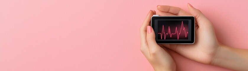 Comprehensive Health Checkups: Medical Examination and Patient Care, Hands holding a device displaying a heartbeat monitor against a pink background.