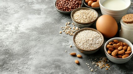 Nourishing Ingredients: A balanced spread of pantry staples for breakfast and baking: oats, almonds, flax seeds, milk, eggs, and brown rice. Ideal for healthy eating, weight loss, and wellness. 