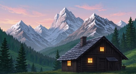 Cozy cabin with glowing windows in serene mountain landscape at sunset