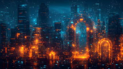 Fototapeta premium 3D Illustration - Futuristic Cityscape, Digital City, Neon Lights, Cyberpunk, Abstract Background, Technology, Architecture, Urban, Modern, Sci-Fi