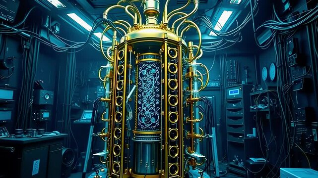 Futuristic laboratory featuring a gold and glass apparatus surrounded by advanced technology