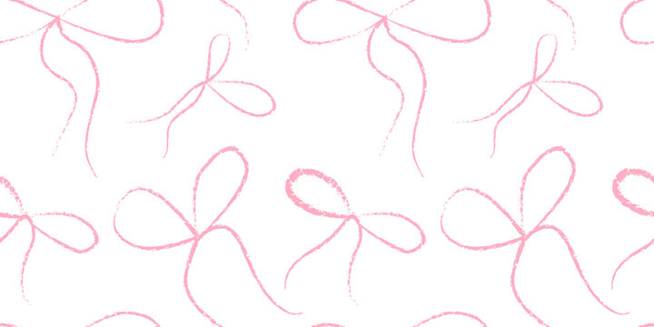 Cute ribbon bow drawing with crayon design. Y2k repeat dainty ballet band pattern with pencil scribble texture. Flirt tie with aesthetic lipstick childlike line art seamless panorama wallpaper.