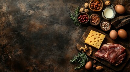 High-Protein Foods: A delectable spread of high-protein foods including meat, cheese, eggs, nuts, and beans, artfully arranged on a rustic dark brown surface.