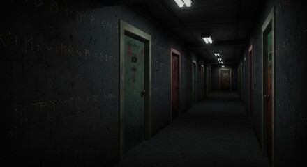 Eerie dimly lit corridor with graffiti and mysterious doors