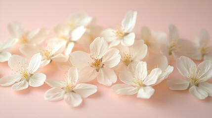 Fototapeta premium Delicate white cherry blossoms are scattered on a pink background