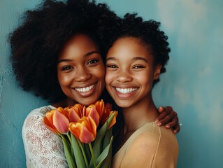 Two sisters joyfully embrace while holding a bouquet of orange tulips, creating a heartwarming scene of sisterly love and happiness against a bright blue background.