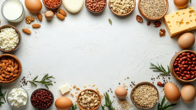 Healthy Eating Frame: A vibrant and diverse array of nutritious foods forms a beautiful frame, showcasing the richness and variety of a balanced diet.  Perfect for recipe blogs, health publications.