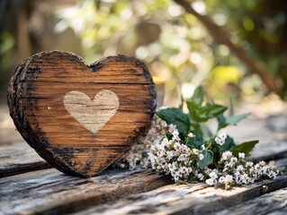 A rustic wooden heart with a flower arrangement beside it reflects nature's beauty and love in a serene outdoor setting, symbolizing heartfelt emotions and connection to nature.