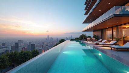 Luxurious rooftop infinity pool overlooking urban skyline at sunset