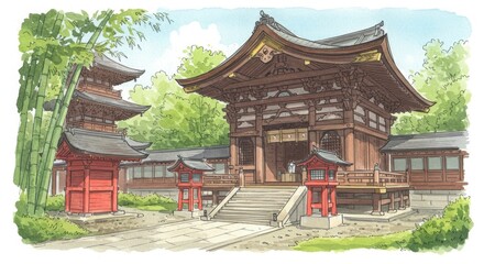 Fototapeta premium Traditional japanese shrine surrounded by lush greenery and historic architecture