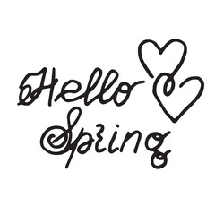 Obraz premium hello spring text lettering is decorated with a hearts Hand drawn illustration on white background. the basis for the design of postcards stickers fabrics dishes .vector composition