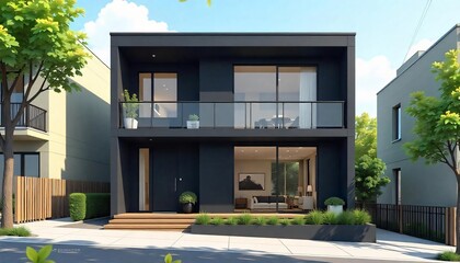 Fototapeta premium Modern Two Story Black House Exterior Design Residential Architecture Suburban Home