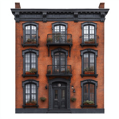 Fototapeta premium Historic Two-Story Brick Building with Ivy-Covered Metal Balconies and Wooden Windows – Rustic Architectural Charm and Vintage Appeal