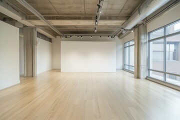 A large white wall was in an office with light wooden floors and a modern design with glass walls. A mockup of the blank space was displayed. The room had concrete ceilings and lighting from windows