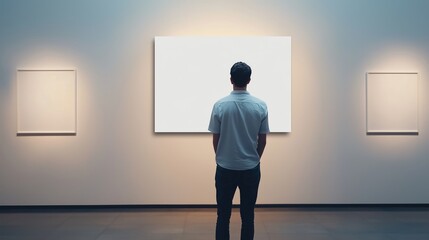 Fototapeta premium A man viewing an empty canvas in a contemporary art gallery; a blank mockup with motion blur adds depth to the image. Copy space image. Place for adding text and design