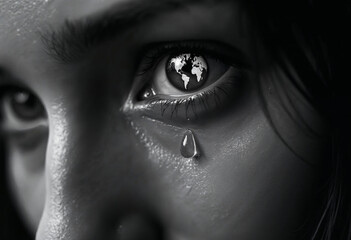 A single tear drop on a face that contains the entire world map within it symbolizing the shared emotions of humanity despite differences in culture and race