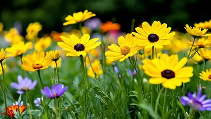 Vibrant field of yellow and purple daisies in full bloom, symbolizing spring renewal and Earth Day
