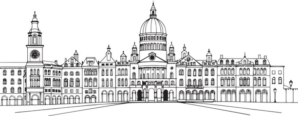 Obraz premium Gothic City landscape. Line urban backdrop. Different buildings on street, outline cityscape hand sketch, flat houses. Hand drawn vector illustration