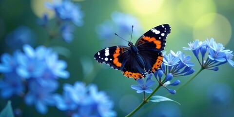 A vibrant butterfly with striking orange and black markings delicately rests on a cluster of serene blue flowers, bathed in soft sunlight.