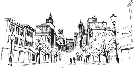 City landscape. Line urban backdrop. Different buildings on street, outline cityscape hand sketch, flat houses. Hand drawn vector illustration
