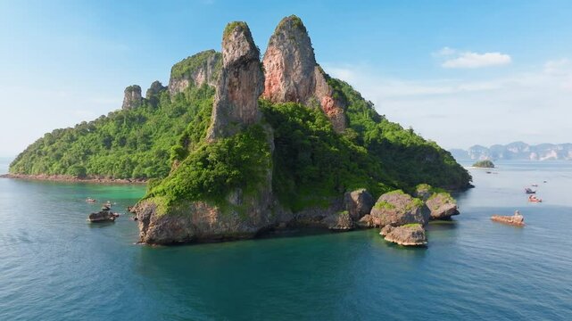 Experience the stunning aerial view of Ko Po Da Nok in Thailand, showcasing lush greenery and a longtail boat under the enchanting moonlight