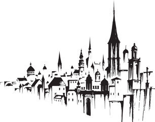 Obraz premium Gothic City landscape. Line urban backdrop. Different buildings on street, outline cityscape hand sketch, flat houses. Hand drawn vector illustration