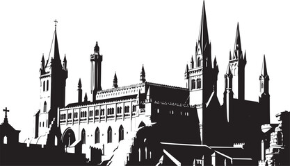 Fototapeta premium Gothic City landscape. Line urban backdrop. Different buildings on street, outline cityscape hand sketch, flat houses. Hand drawn vector illustration