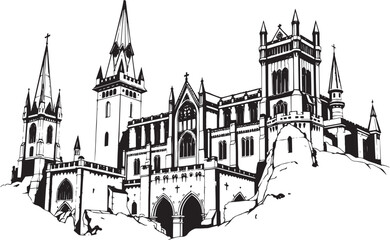 Obraz premium Gothic City landscape. Line urban backdrop. Different buildings on street, outline cityscape hand sketch, flat houses. Hand drawn vector illustration