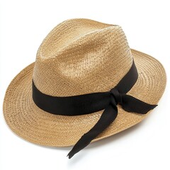 Beige fedora hat, black ribbon, white background, summer fashion