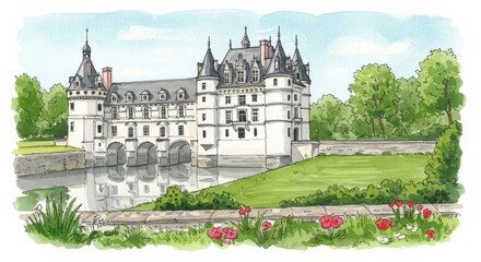 Fototapeta premium Charming french castle surrounded by lush gardens and reflective moat